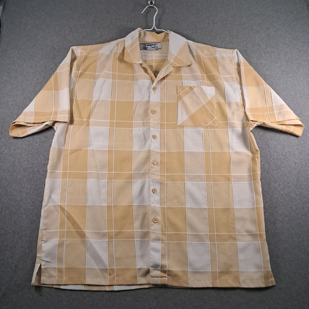 Tank Brand Men's Button Down Short Sleeve Polyester Shirt  Yellow & White Plaid